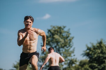 Fototapeta premium Two shirtless men running in an urban park on a sunny day, showcasing athleticism, fitness, and determination