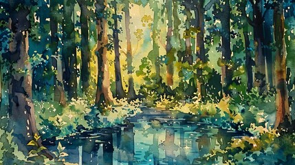 Sunlight filtering through trees onto a misty forest river