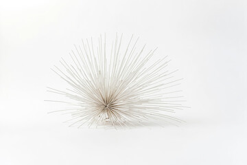 Abstract white sculpture with radial lines on white background
