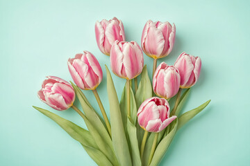 Obraz premium Pink Tulips on Light Blue Background