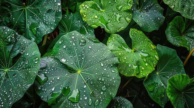 Rainwater collecting on taro leaves captured after a rainfall