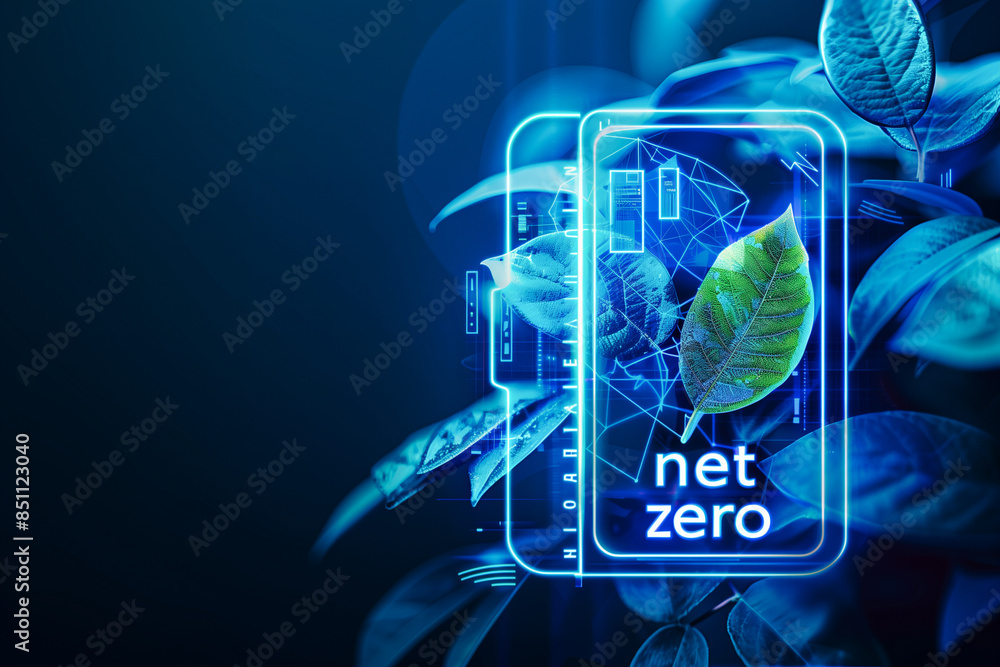 Poster a vibrant visual of green leaves intertwined with digital elements displaying the concept 'net zero'