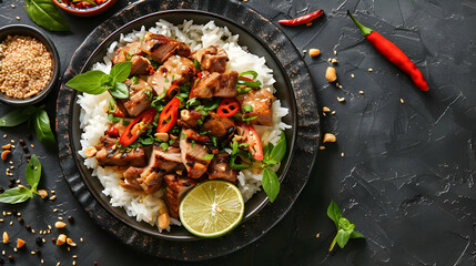 A bowl of fragrant Thai jasmine rice with grilled chicken