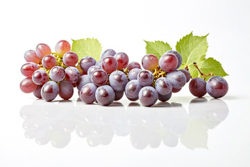 Obraz premium Red Grapes with Green Leaves on White Background