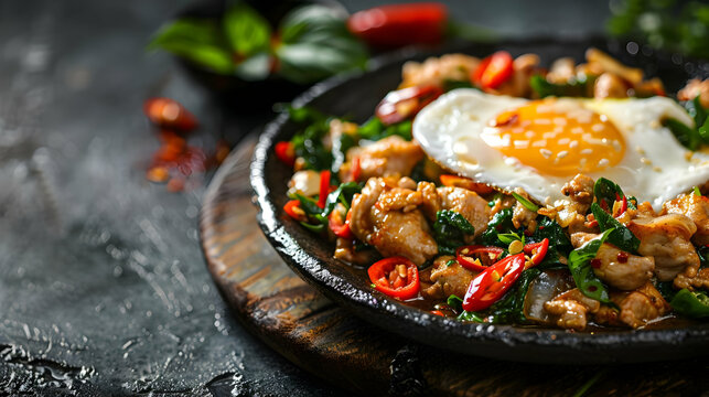 A sizzling plate of spicy Basil Chicken Pad Krapow Gai with fried egg