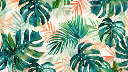 Contemporary watercolor tropical leaf pattern for textile design with a retro summer theme and vintage exotic print