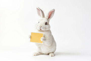 Obraz premium White rabbit holding a yellow card