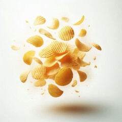 Potato chips falling in the air isolated on a white background