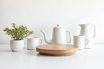 White Tea Set With Wooden Serving Tray and Green Plant on White Table