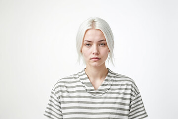 Portrait of a young woman with platinum blonde hair and a neutral expression.