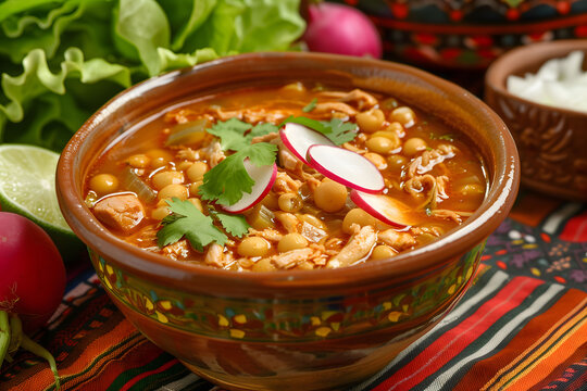 Traditional Mexican pozole soup with hominy and pork served with fresh toppings