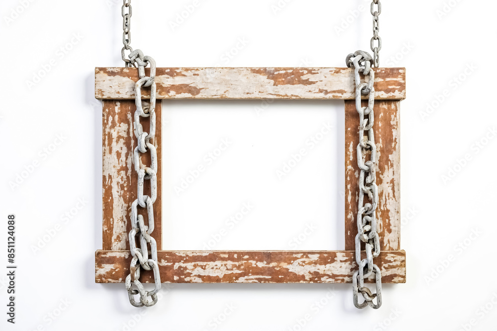 Poster Wooden frame with chain isolated on white background