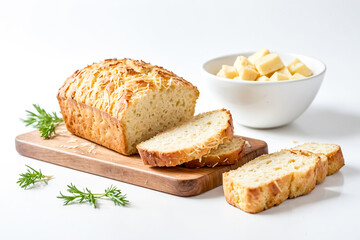 Freshly baked loaf of cheese bread with slices on a wooden cutting board