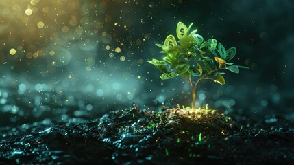 Fototapeta premium Close-up of a green seedling plant growing in moist soil with glowing lights, symbolizing growth, new beginnings, and nature's beauty.