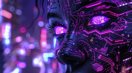 Close-up of a futuristic cybernetic face with glowing purple circuits and neon lights, representing advanced technology and AI.