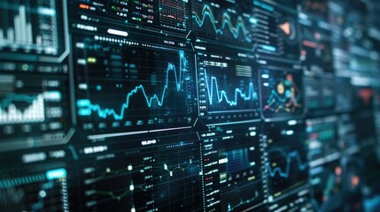Fototapeta premium Digital display of stock market data with various graphs and charts showcasing financial analytics and trends.