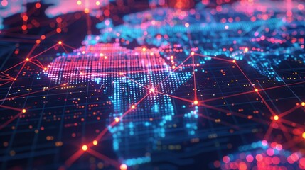 Fototapeta premium Futuristic digital world map with interconnected data points in vibrant neon colors, showcasing global connectivity and technology.