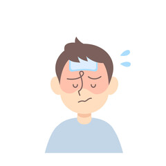 高熱で冷却シートを額に貼る男児