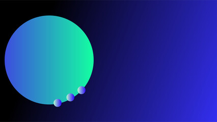 Blue green circle with three mini spheres over dark blue and black glowing gradient background
