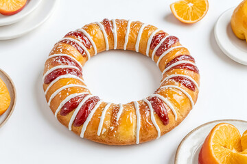 Closeup of a Glazed Pastry Ring with Orange Slices