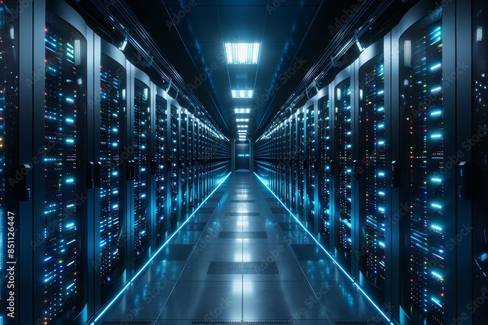 Poster abstract technology background showing a server room with rows of rack servers emitting blue lights.
