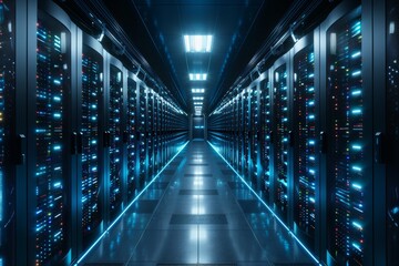 Fototapeta premium Abstract technology background showing a server room with rows of rack servers emitting blue lights. This 3D rendering illustration depicts a futuristic digital storage infrastructure