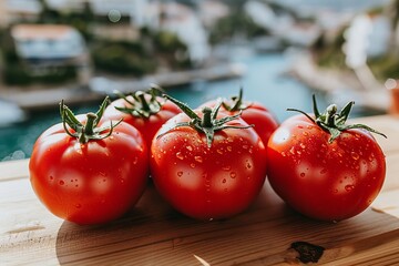 A close-up of a cluster of ripe, red tomatoes with water droplets sitting on a wooden table with a blurred background of a cityscape, water, and boats in the distance
