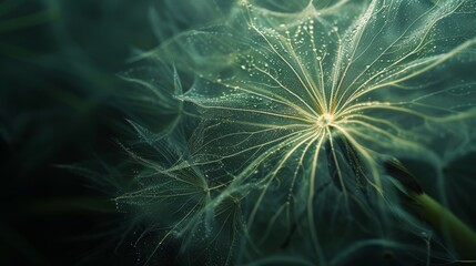 Abstract macro shot of a dandelion seed, intricate details highlighted against a dark green background, soft focus, ethereal and delicate