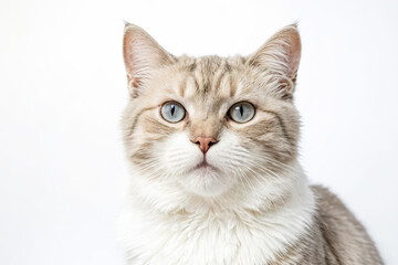 Fototapeta premium Close-up portrait of a white and brown tabby cat with blue eyes