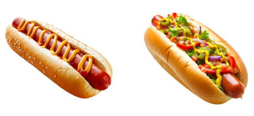 hotdog with mustard and ketchup isolated on transparent background, png hotdog cutout
