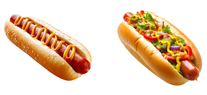 hotdog with mustard and ketchup isolated on transparent background, png hotdog cutout