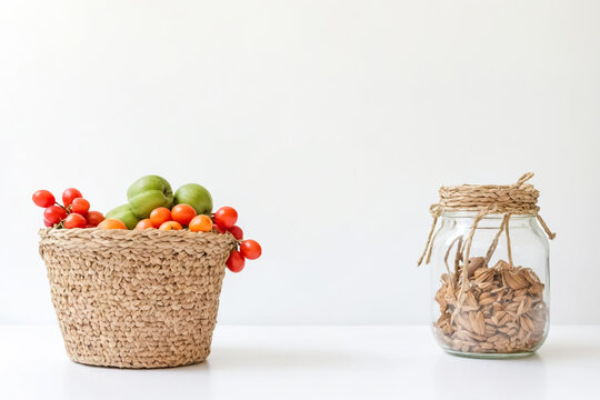 Small Basket of Cherry Tomatoes and Green Tomatoes with a Glass Jar on a White Countertop