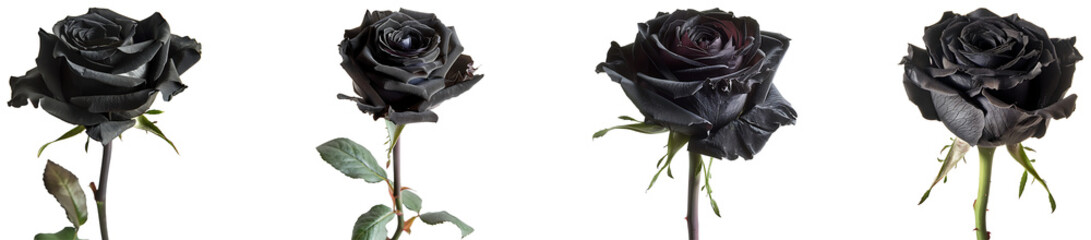 set of black roses isolated on transparent background, png black roses cutout