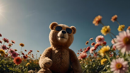 Sunny Serenity, A teddy bear&rsquo;s adventure amongst wildflowers, wearing sunglasses under a Clear Blue Sky, It evokes feelings of nostalgia and warmth