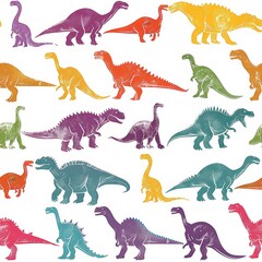 A seamless pattern of colorful dinosaur silhouettes in various sizes. The silhouettes are of different species, including Tyrannosaurus Rex, Triceratops, Stegosaurus, and Velociraptor