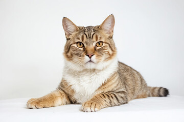 Tabby cat lying on white background