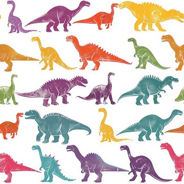 A seamless pattern of colorful dinosaur silhouettes in various sizes. The silhouettes are of different species, including Tyrannosaurus Rex, Triceratops, Stegosaurus, and Velociraptor