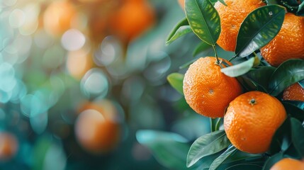 Close-up of ripe tangerines hanging on a tree, pre-harvest scene, bright and fresh, designed as a creative banner with copyspace