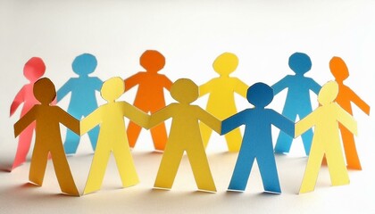 team of people, teamwork, colored paper people on white background