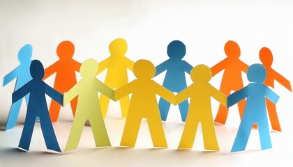 teamwork, colored paper people on white background