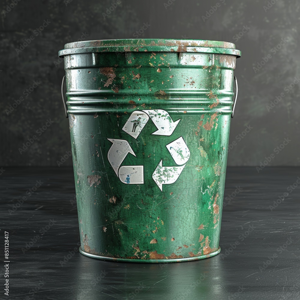 Poster old rusty recycle symbol on a retro green metal trash can isolated on a black background with copysp