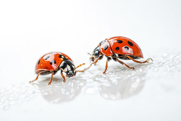Fototapeta premium Two ladybugs on a white surface