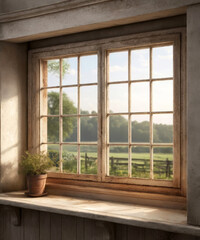 An old vintage rustic window, with a landscape as a backdrop, the scene for a product demonstration.