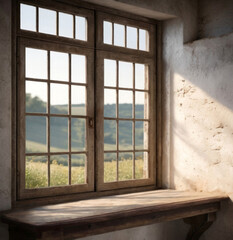 Fototapeta premium Old wooden windowsill against backdrop of landscape, product display scene