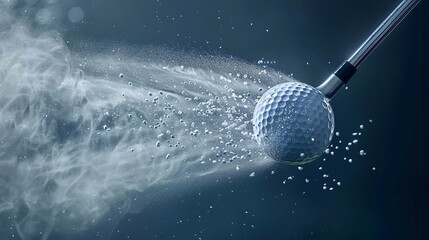 High-speed capture of a golf club striking a golf ball, moment of impact with dynamic motion, power and energy, dust particles flying