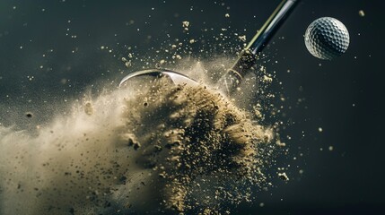 High-speed capture of a golf club striking a golf ball, moment of impact with dynamic motion, power and energy, dust particles flying