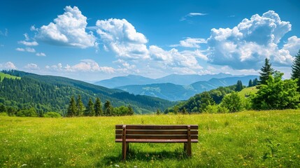 Inviting bench in a green meadow, scenic backdrop of mountains and forest, expansive blue sky with white clouds, perfect for copyspace