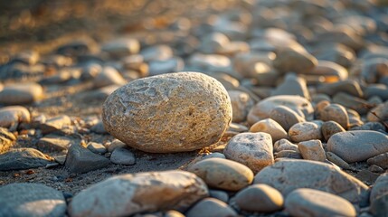 Large pebble on a rustic countryside street, surrounded by various stones, detailed background with natural textures, serene rural setting