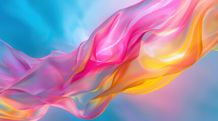 Obraz premium Digital abstract artwork with smooth, flowing shapes, silky texture, edged with pink and yellow, set against a vivid blue background