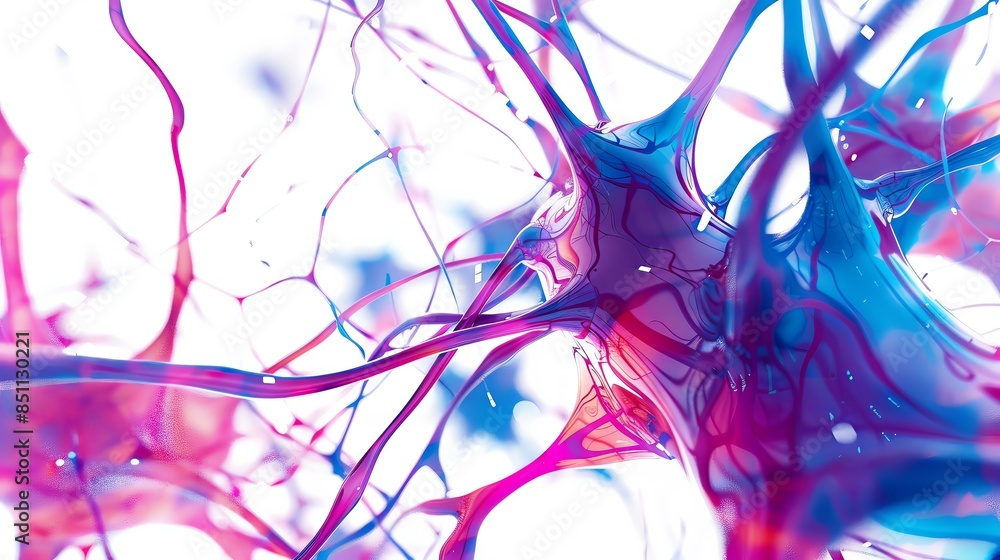 Poster abstract neural network background with vibrant blue and pink colors showcasing synapse and neuron c